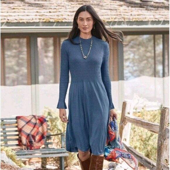 Sundance Womens Size Large Natures Hue Dress Blue Textured Long Sleeves Ruffle - Picture 1 of 7